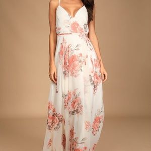 Lulu’s Elegantly Inclined Cream Floral print wrap maxi dress